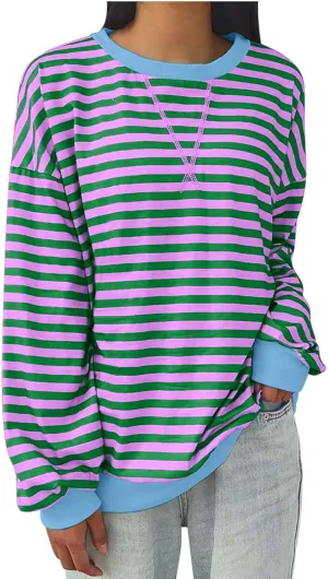 Women Fall Sweatshirts Fashion Striped Print Pullover Long Sleeve Lightweight Loose Casual Sweatshirt