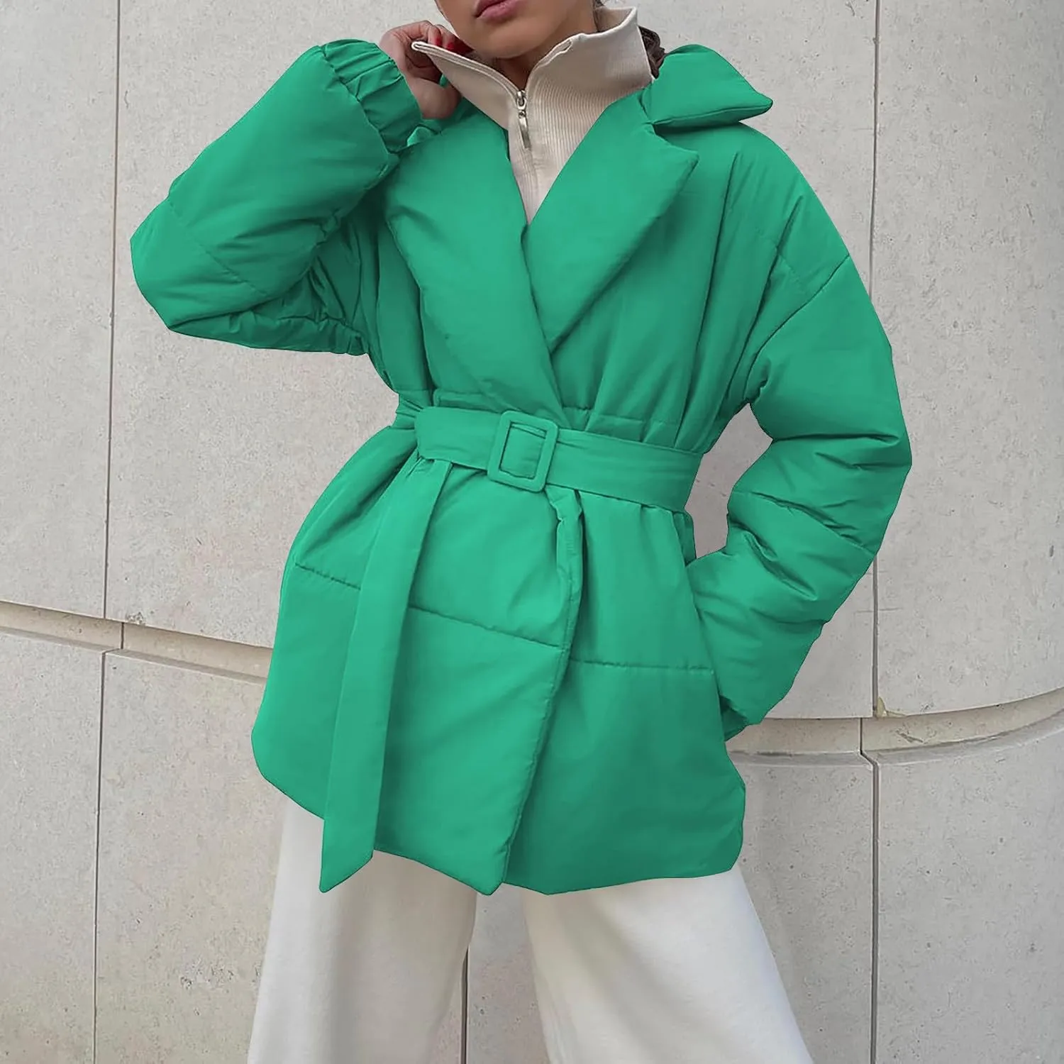 Women Winter Coats Long Sleeve Baggy Puffer Coat Belt Lightweight Casual Fashion Winter Jacket