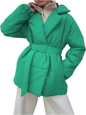 Women Winter Coats Long Sleeve Baggy Puffer Coat Belt Lightweight Casual Fashion Winter Jacket
