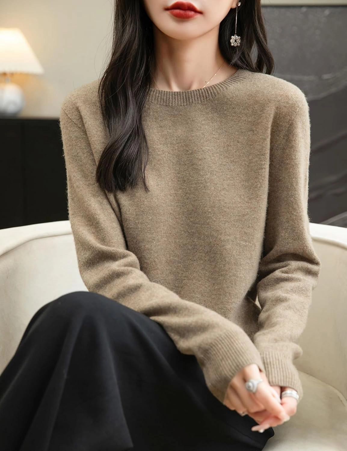 Women's 100% Merino Wool 2025 Fall Winter First-Line Ready to Wear Long Sleeve Seamless Knit Crewneck Sweater