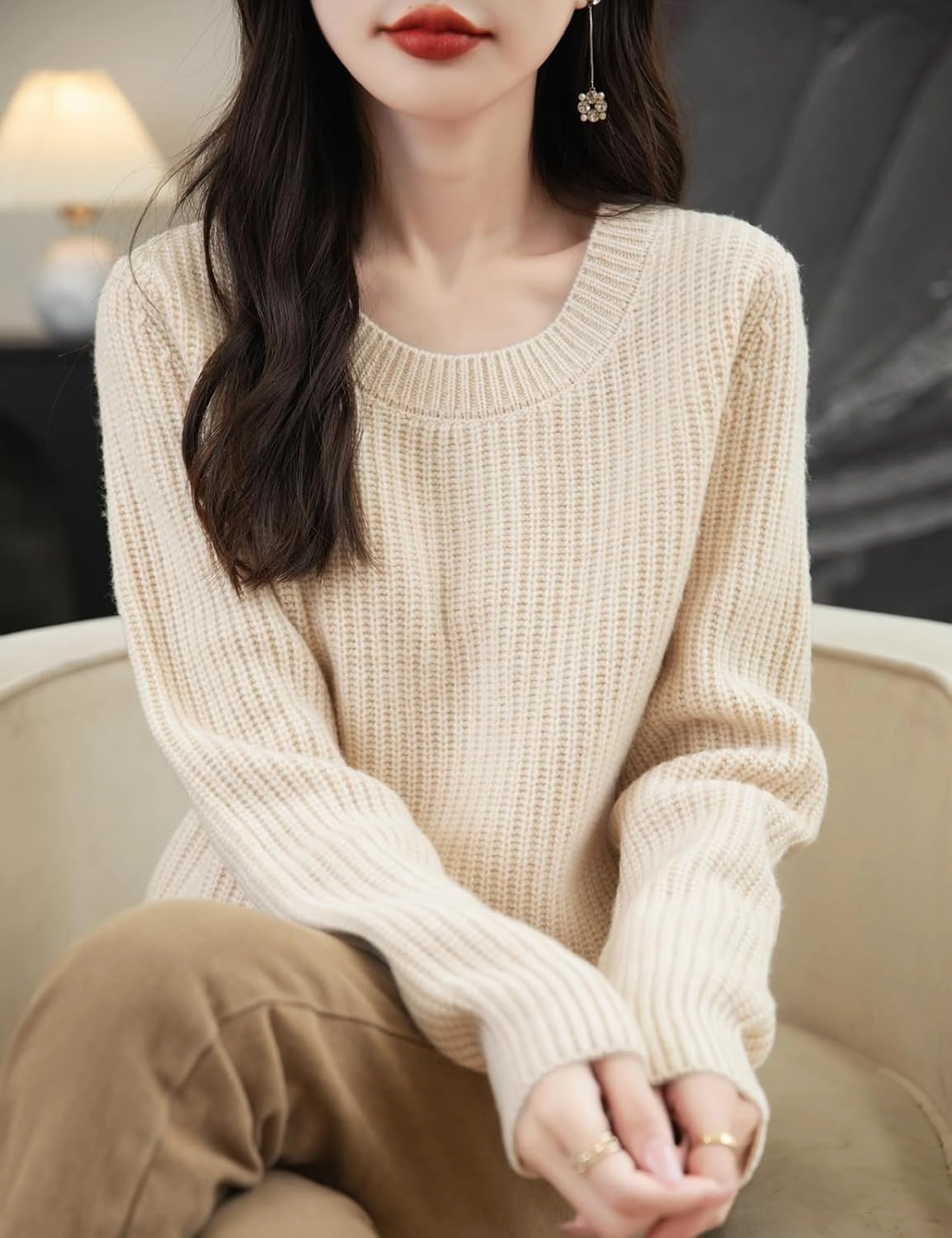 Women's 100% Merino Wool Sweater 2025 Fall Winter Casual Crewneck Long Sleeve Ribbed Knitted Pullover Sweater