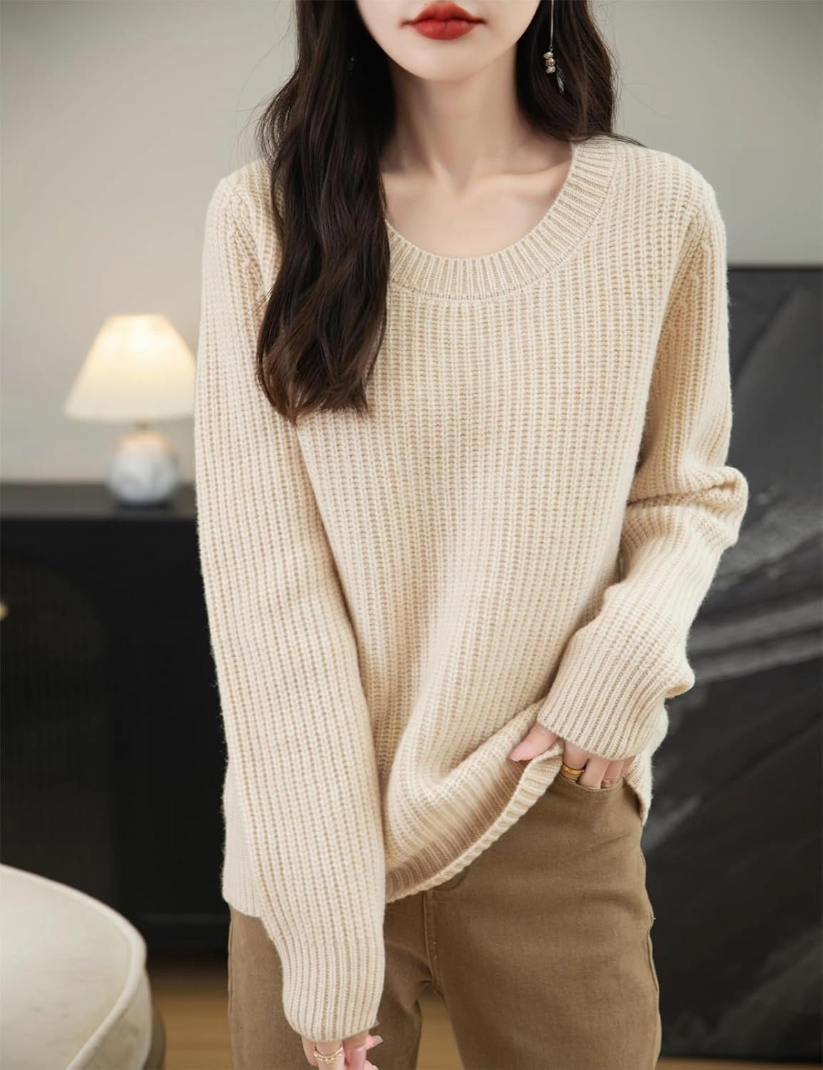 Women's 100% Merino Wool Sweater 2025 Fall Winter Casual Crewneck Long Sleeve Ribbed Knitted Pullover Sweater