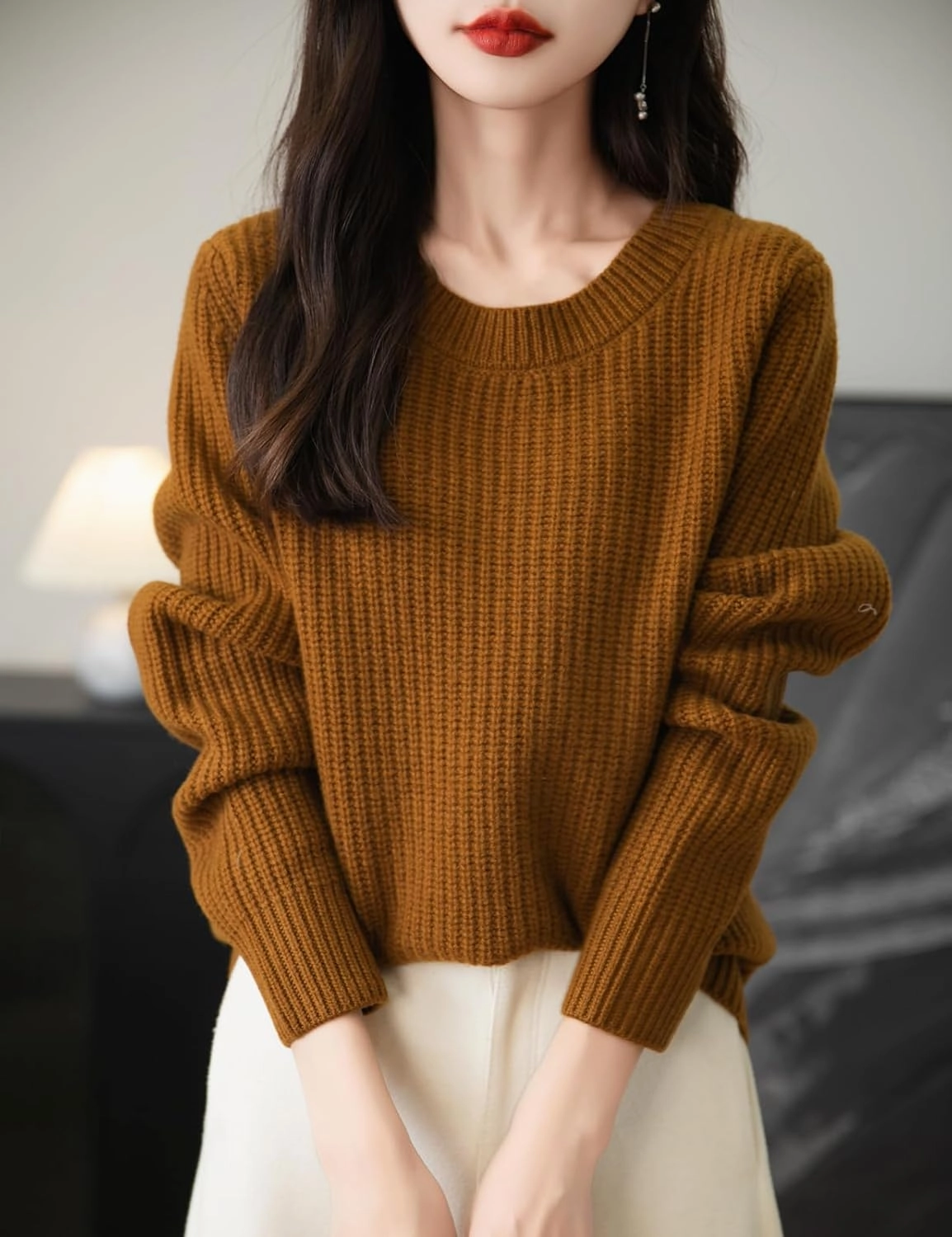 Women's 100% Merino Wool Sweater 2025 Fall Winter Casual Crewneck Long Sleeve Ribbed Knitted Pullover Sweater