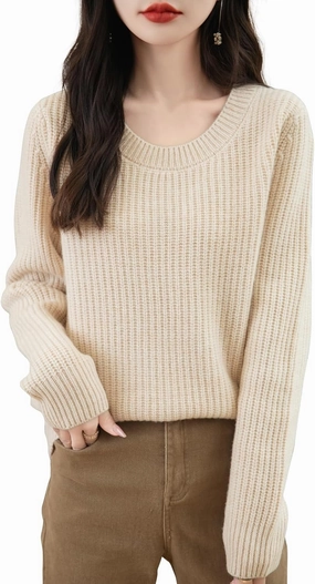 Women's 100% Merino Wool Sweater 2025 Fall Winter Casual Crewneck Long Sleeve Ribbed Knitted Pullover Sweater