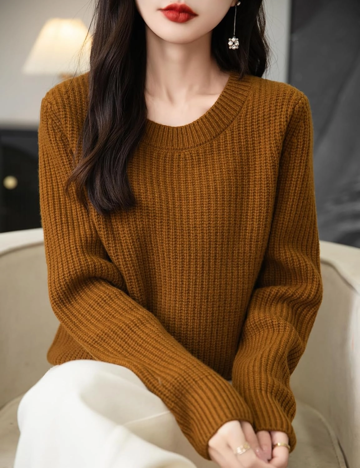 Women's 100% Merino Wool Sweater 2025 Fall Winter Casual Crewneck Long Sleeve Ribbed Knitted Pullover Sweater
