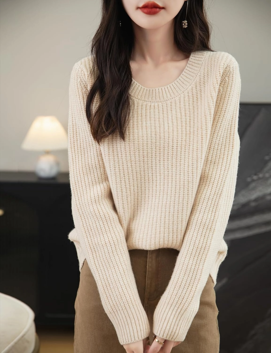 Women's 100% Merino Wool Sweater 2025 Fall Winter Casual Crewneck Long Sleeve Ribbed Knitted Pullover Sweater
