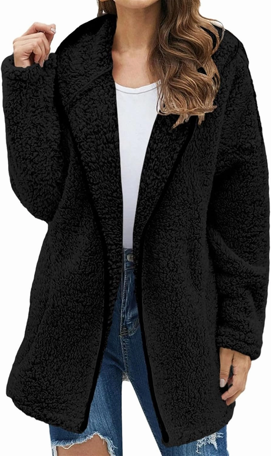 Women's 2023 Fuzzy Fleece Winter Coat Lapel Long Sleeve Teddy Bear Warm Jackets Faux Fur Outwear Sherpa Jacket Cardigan