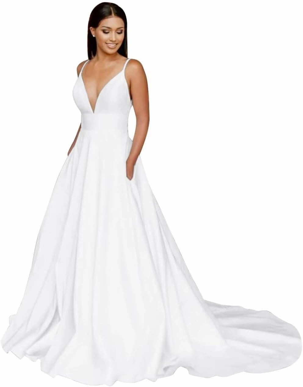Women’s A Line Spaghetti Straps Wedding Dress for Bride, Deep V Neck Satin Sleeveless Bridal Gown with Train