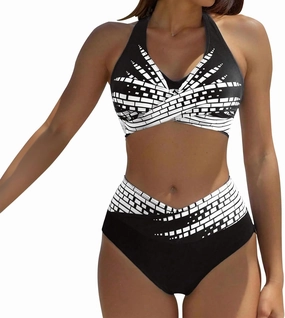 Women's Bikini Sets,Two Piece Swimsuit High Waisted Twist Front Adjustable Sporty Halter Bathing Suit