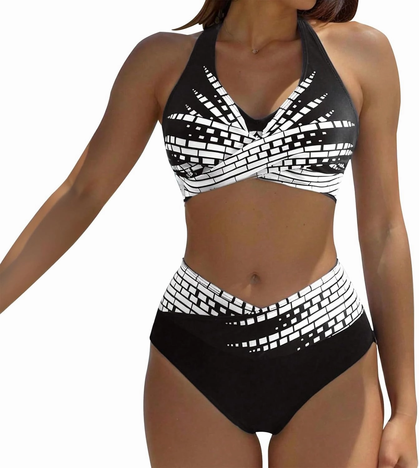 Women's Bikini Sets,Two Piece Swimsuit High Waisted Twist Front Adjustable Sporty Halter Bathing Suit