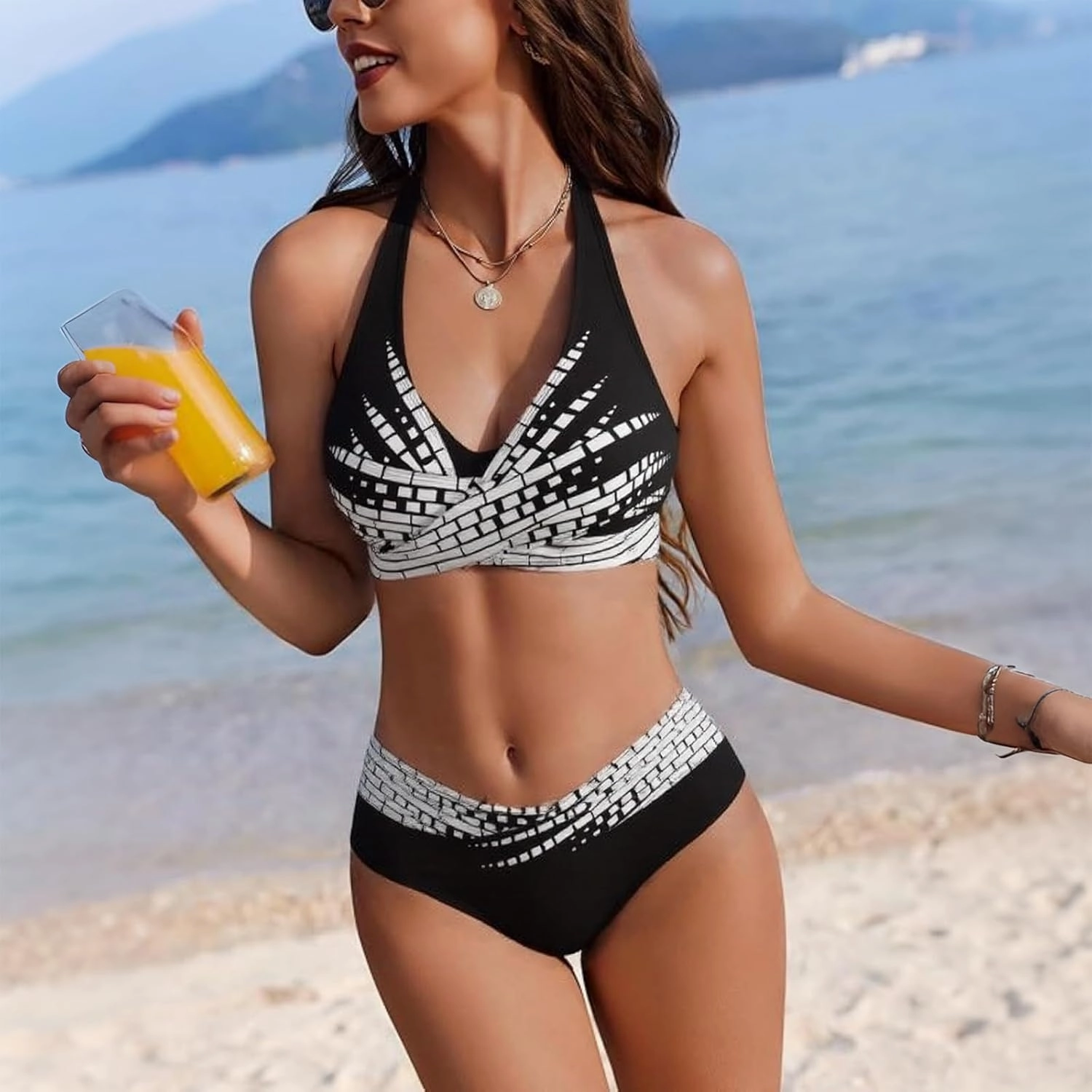Women's Bikini Sets,Two Piece Swimsuit High Waisted Twist Front Adjustable Sporty Halter Bathing Suit