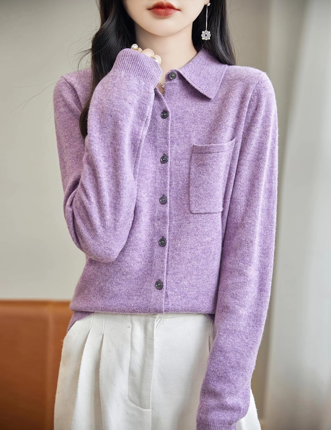 Women's Polo Neck 100% Merino Wool Sweater 2025 Spring Basic Long Sleeve Knitted Cardigan Sweater with Pocket