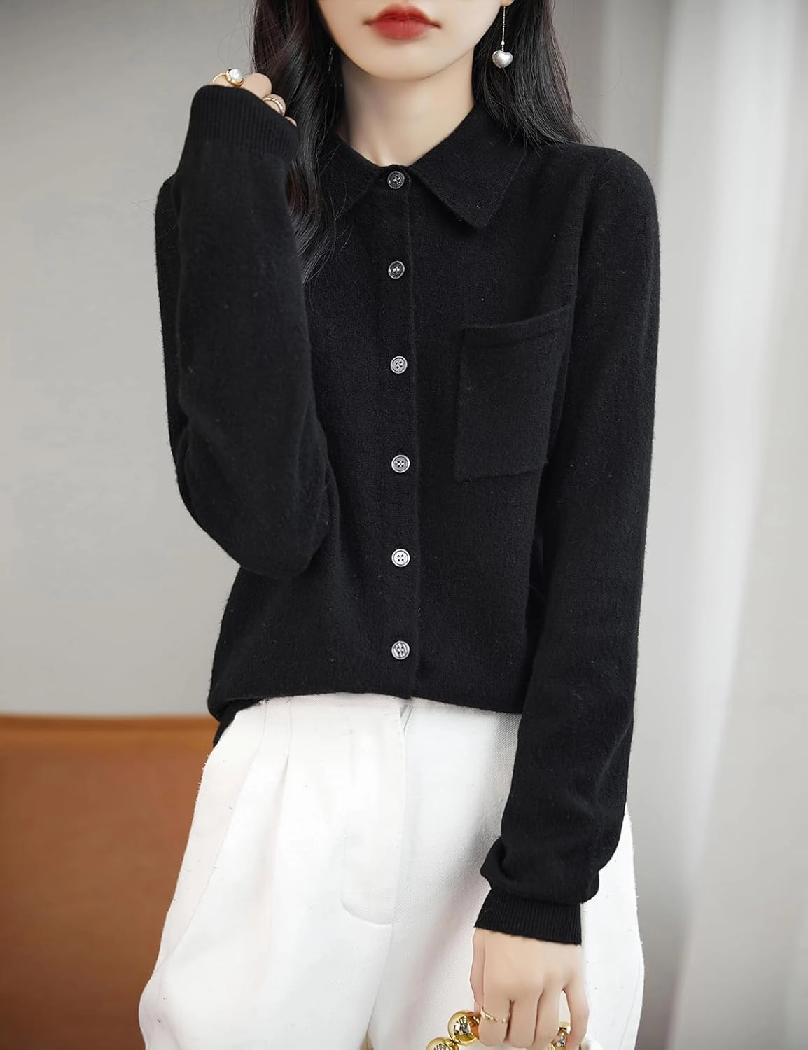 Women's Polo Neck 100% Merino Wool Sweater 2025 Spring Basic Long Sleeve Knitted Cardigan Sweater with Pocket