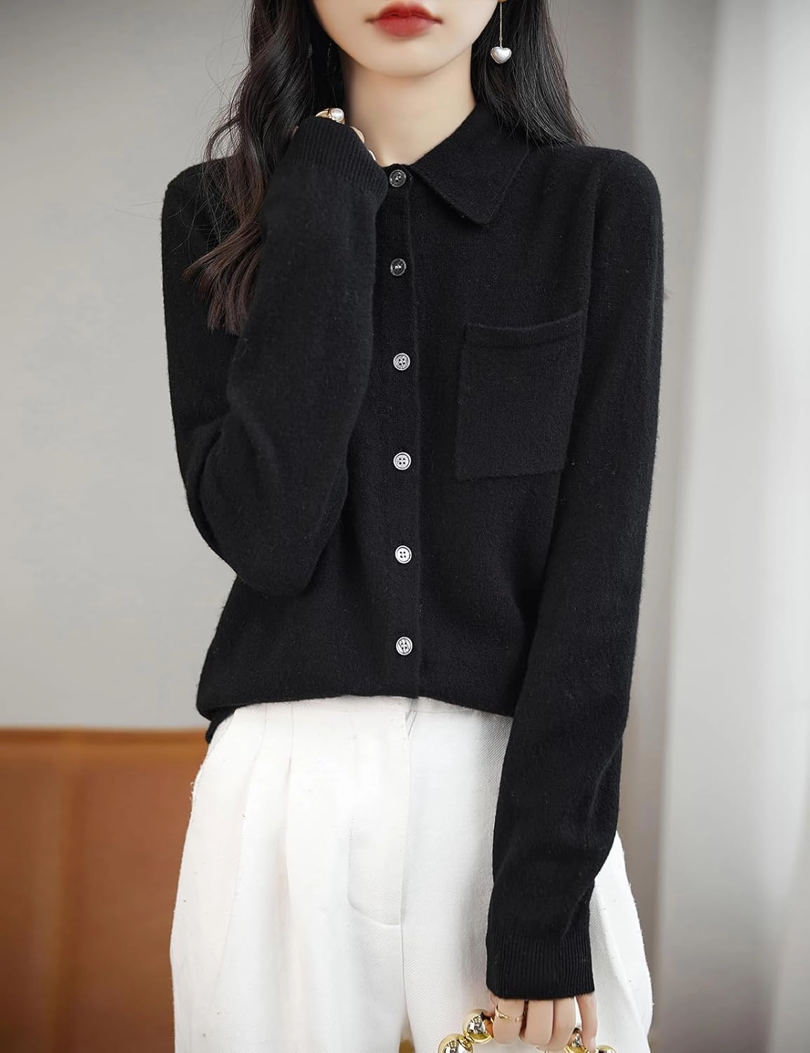Women's Polo Neck 100% Merino Wool Sweater 2025 Spring Basic Long Sleeve Knitted Cardigan Sweater with Pocket