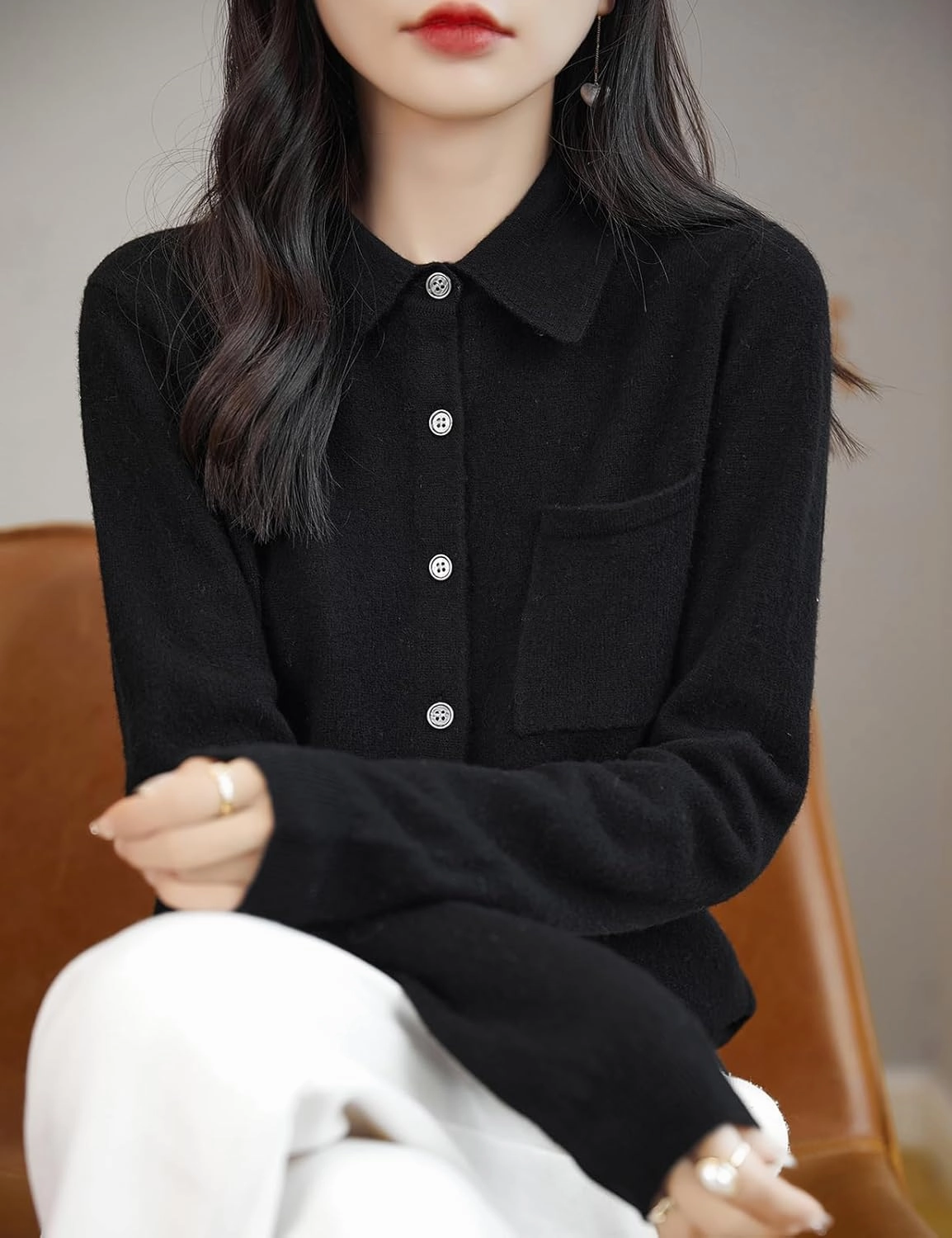 Women's Polo Neck 100% Merino Wool Sweater 2025 Spring Basic Long Sleeve Knitted Cardigan Sweater with Pocket