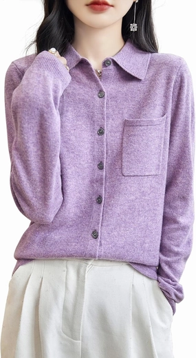 Women's Polo Neck 100% Merino Wool Sweater 2025 Spring Basic Long Sleeve Knitted Cardigan Sweater with Pocket