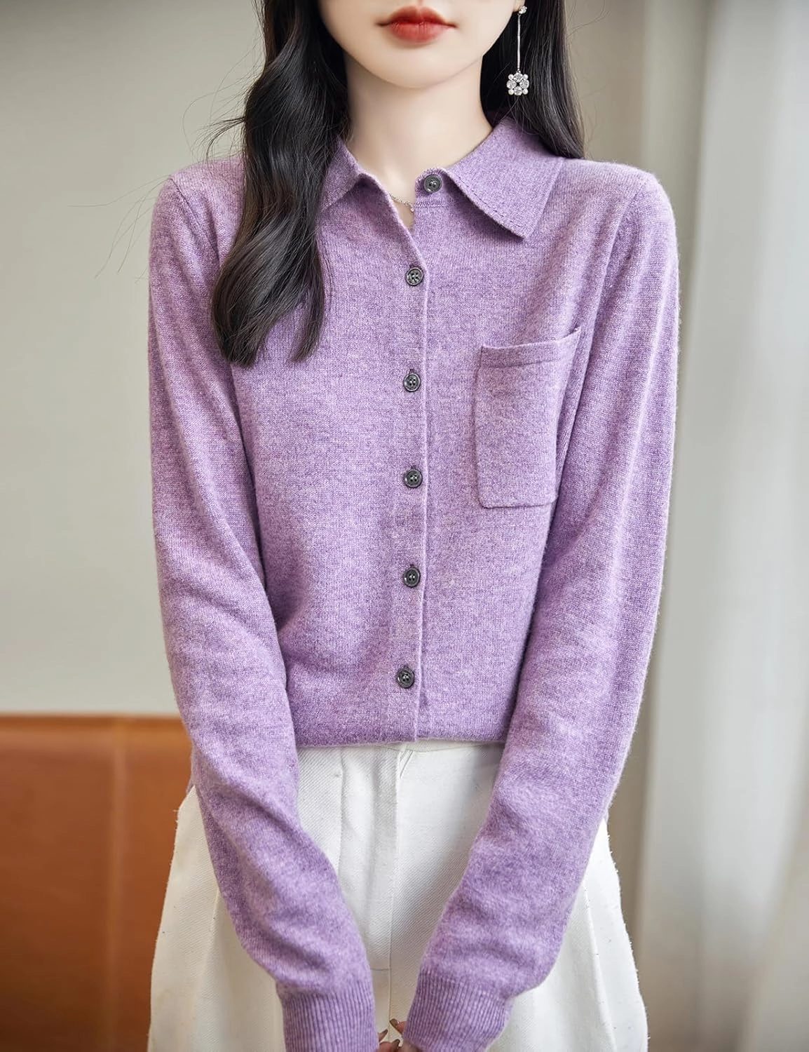 Women's Polo Neck 100% Merino Wool Sweater 2025 Spring Basic Long Sleeve Knitted Cardigan Sweater with Pocket