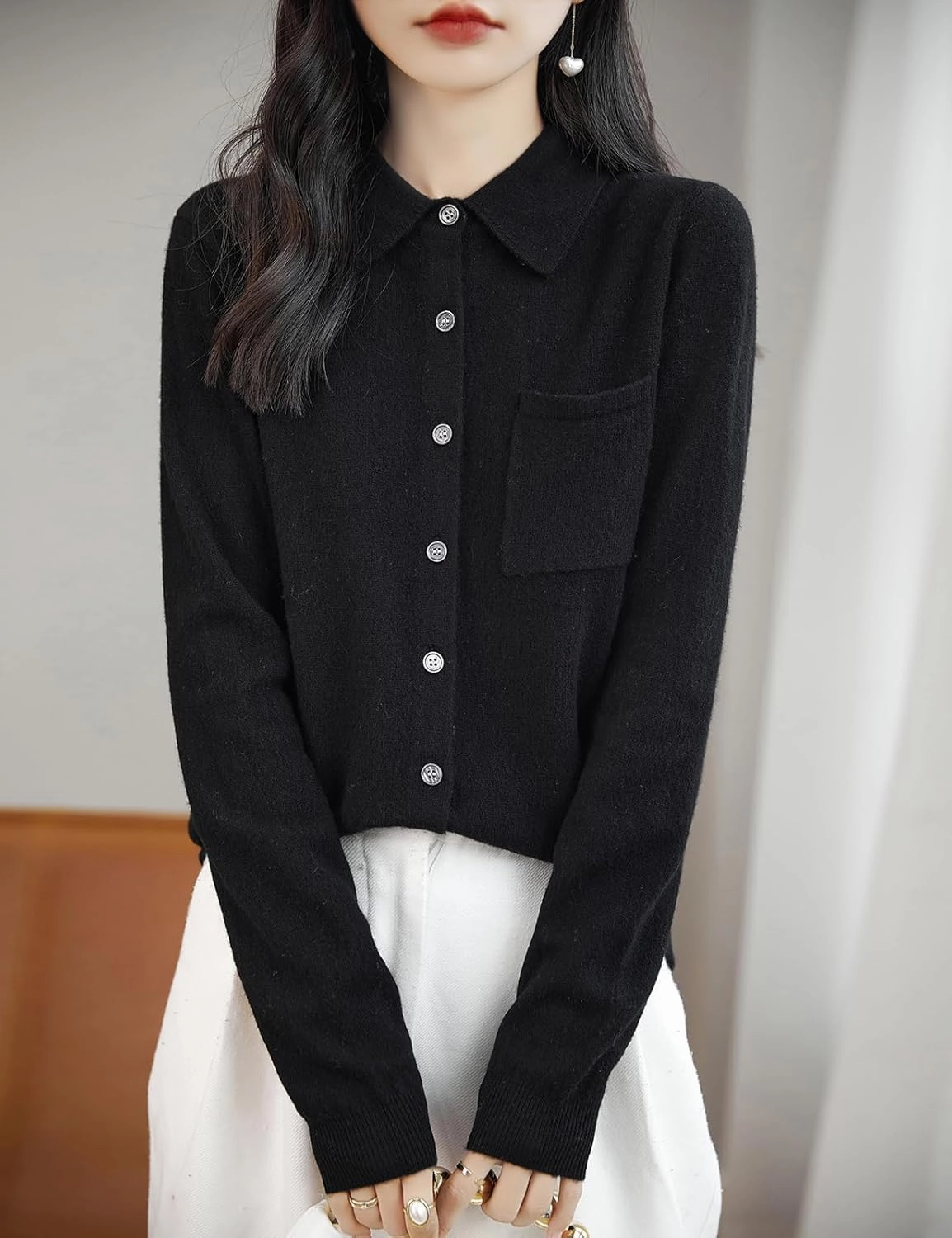 Women's Polo Neck 100% Merino Wool Sweater 2025 Spring Basic Long Sleeve Knitted Cardigan Sweater with Pocket