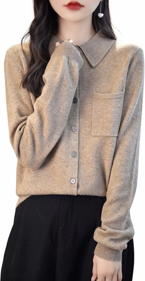 Women's Polo Neck 100% Merino Wool Sweater 2025 Spring Basic Long Sleeve Knitted Cardigan Sweater with Pocket