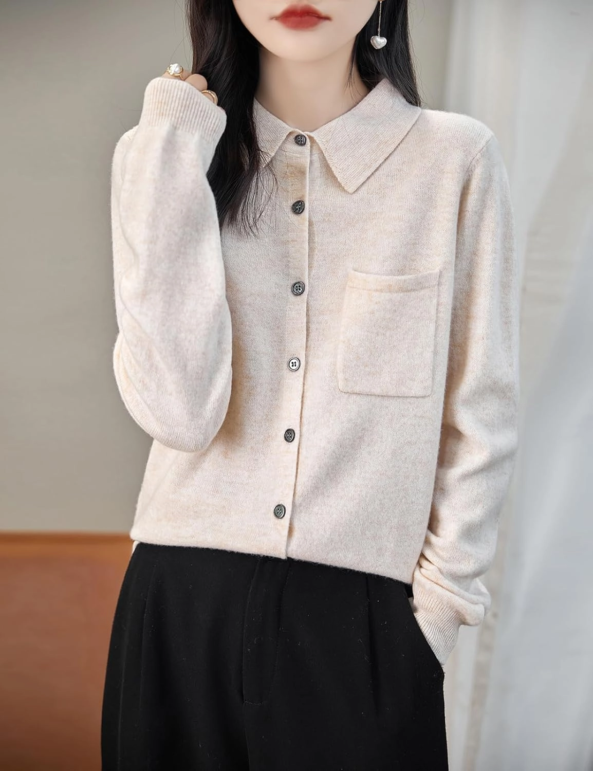 Women's Polo Neck 100% Merino Wool Sweater 2025 Spring Basic Long Sleeve Knitted Cardigan Sweater with Pocket