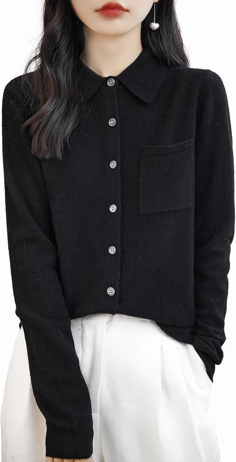 Women's Polo Neck 100% Merino Wool Sweater 2025 Spring Basic Long Sleeve Knitted Cardigan Sweater with Pocket