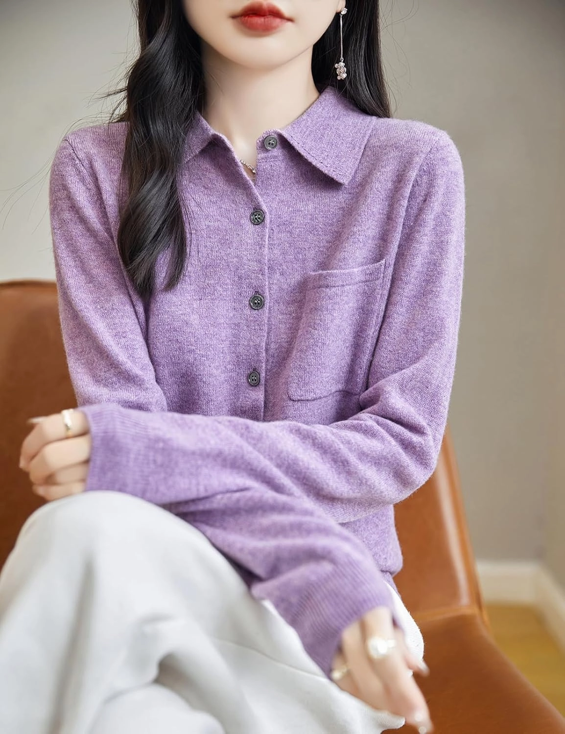 Women's Polo Neck 100% Merino Wool Sweater 2025 Spring Basic Long Sleeve Knitted Cardigan Sweater with Pocket