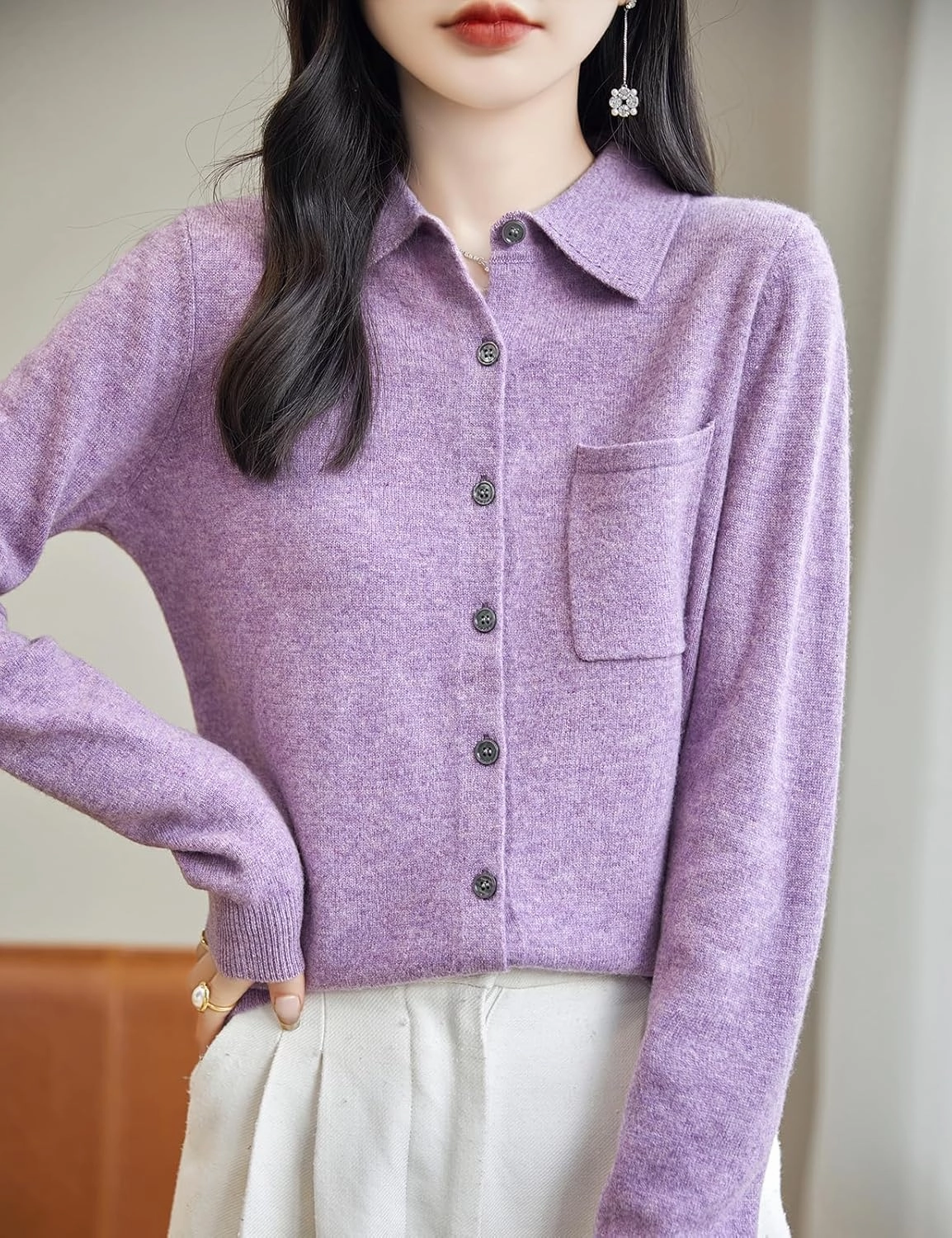 Women's Polo Neck 100% Merino Wool Sweater 2025 Spring Basic Long Sleeve Knitted Cardigan Sweater with Pocket