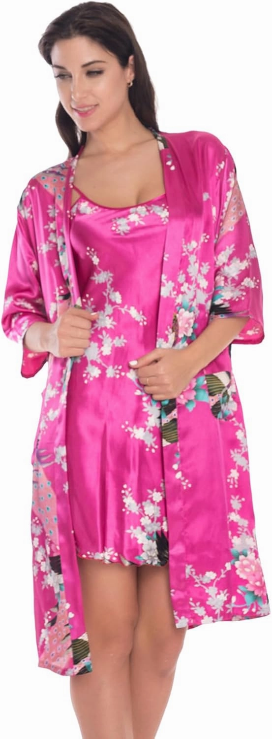 Women's Satin Nightgown with Robes Set 2 Piece Sleepwear Sexy Slip Gown Pajamas Set Silky Cami Nightwear