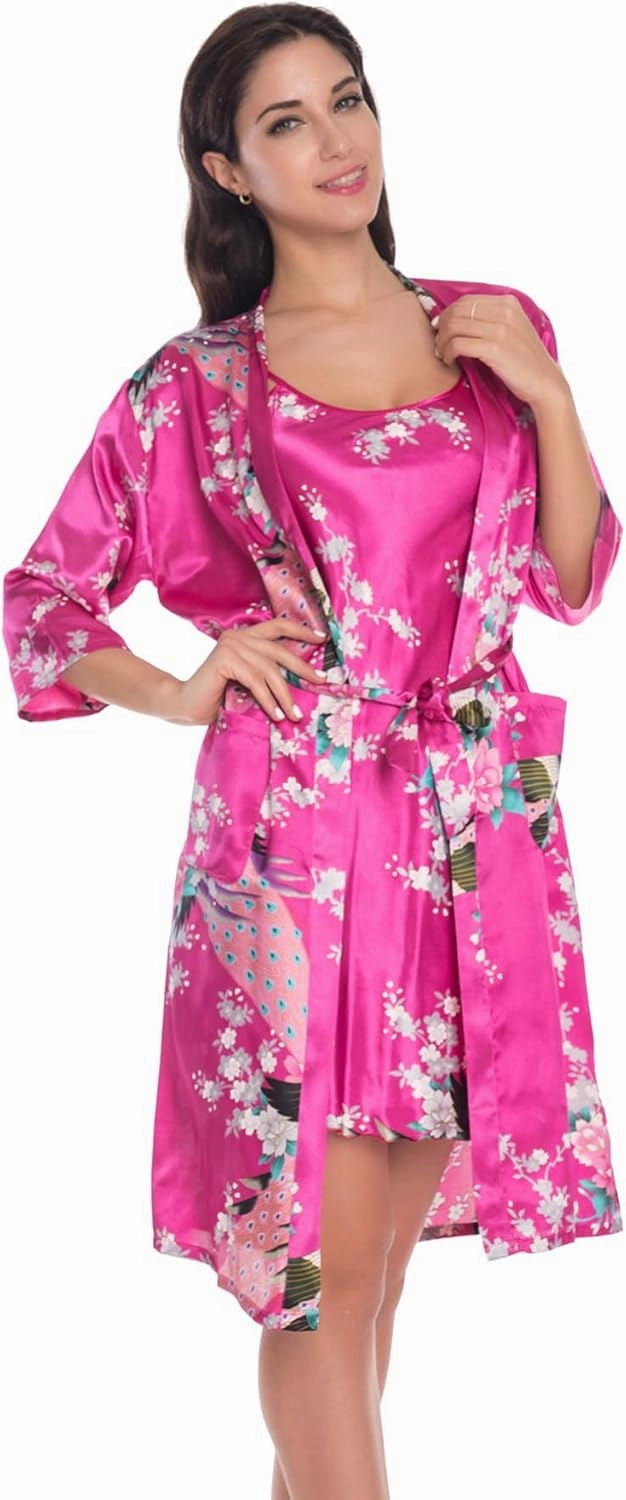Women's Satin Nightgown with Robes Set 2 Piece Sleepwear Sexy Slip Gown Pajamas Set Silky Cami Nightwear