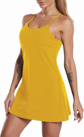 Women's Sleeveless Exercise Tennis Dress with Built-in Bra & Shorts Golf Workout Athletic Dresses Pockets