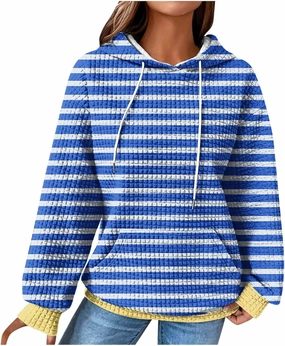 Women's Striped Waffle Oversized Hoodies Sweatshirts,Winter Casual Crew Neck Long Sleeve Pullover,Teen Girls Tops
