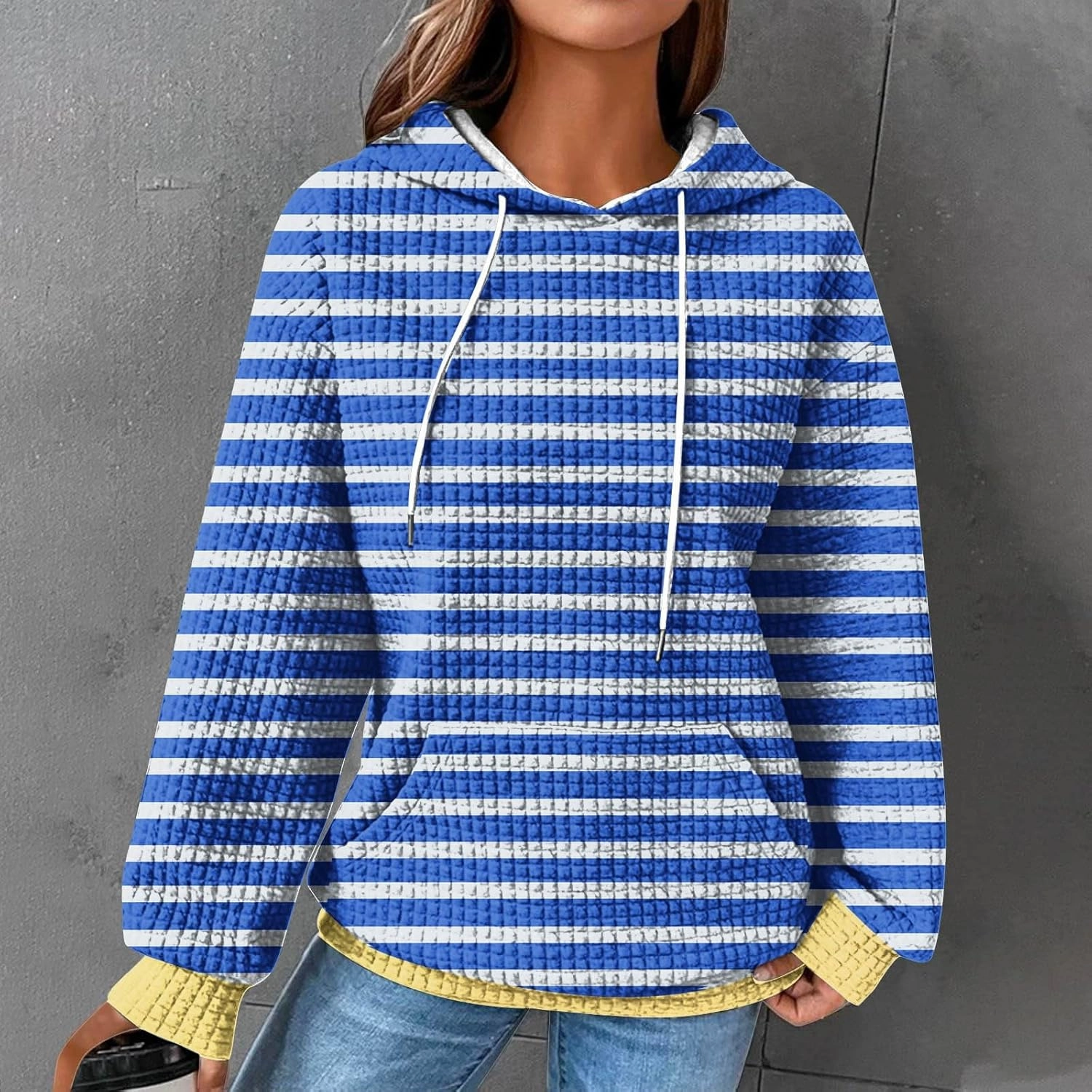Women's Striped Waffle Oversized Hoodies Sweatshirts,Winter Casual Crew Neck Long Sleeve Pullover,Teen Girls Tops