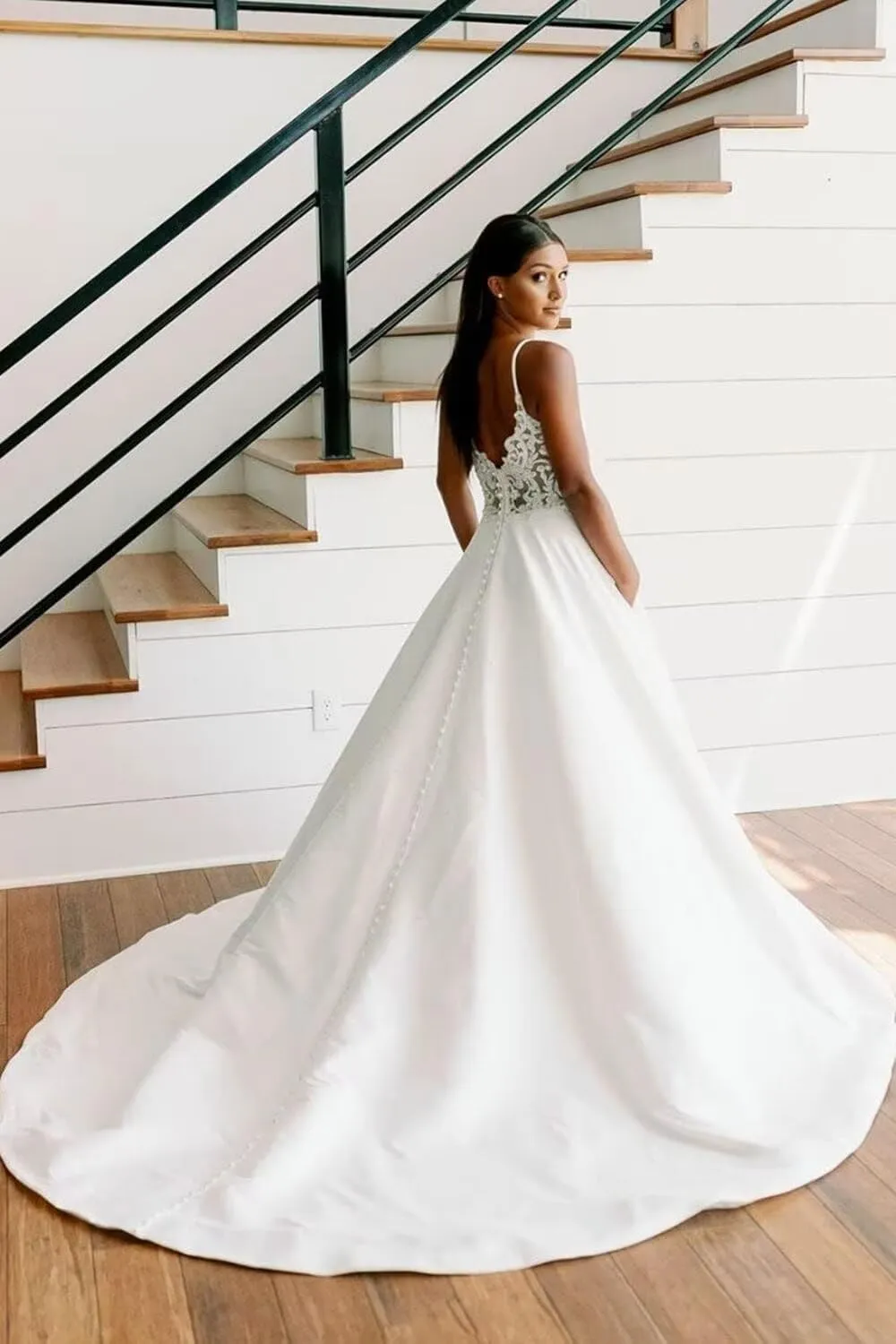 Women’s A Line Spaghetti Straps Wedding Dress for Bride, Deep V Neck Satin Sleeveless Bridal Gown with Train
