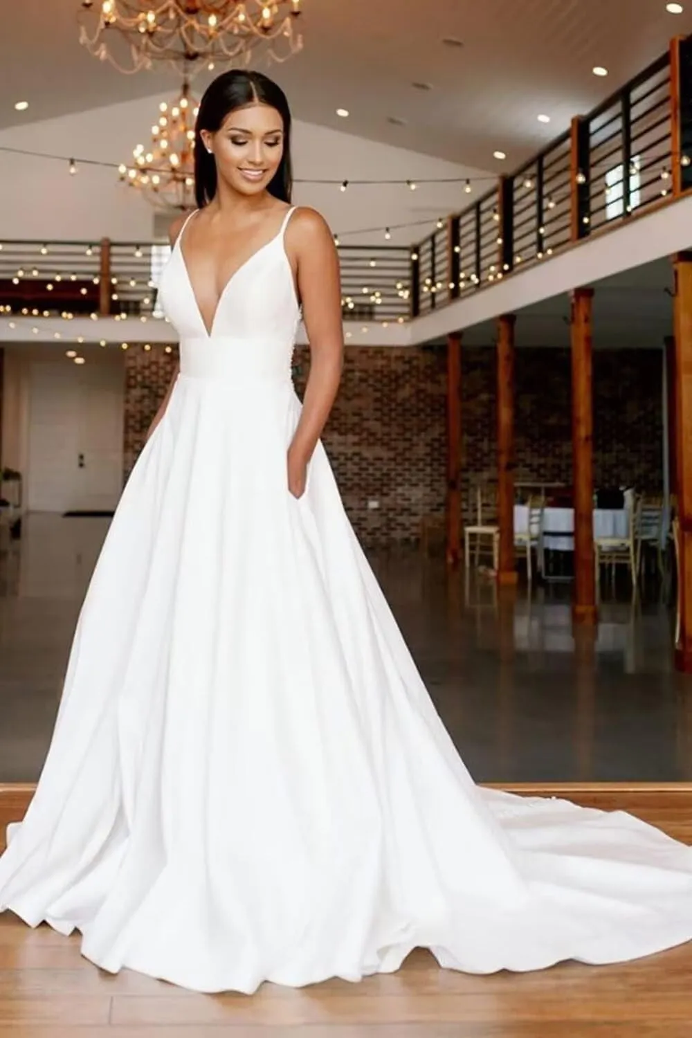 Women’s A Line Spaghetti Straps Wedding Dress for Bride, Deep V Neck Satin Sleeveless Bridal Gown with Train