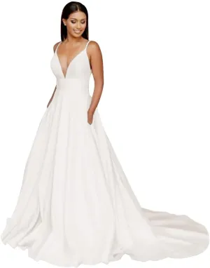 Women’s A Line Spaghetti Straps Wedding Dress for Bride, Deep V Neck Satin Sleeveless Bridal Gown with Train
