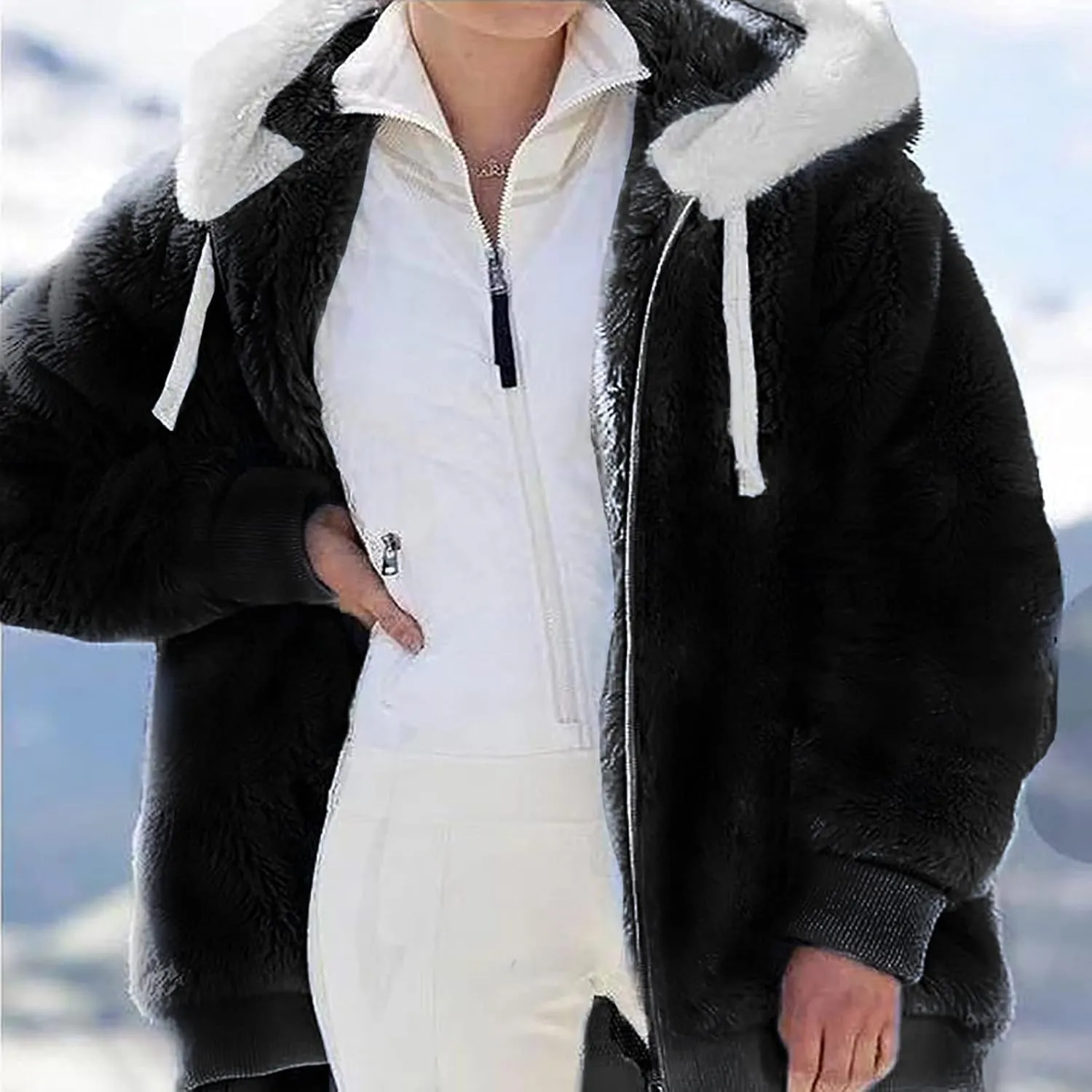 Women's Contrasting Lamb Wool Padded Coat Trendy Faux Shearling Coat Warm Hooded Zip Up Fuzzy Winter Jacket with Pockets