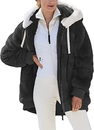 Women's Contrasting Lamb Wool Padded Coat Trendy Faux Shearling Coat Warm Hooded Zip Up Fuzzy Winter Jacket with Pockets