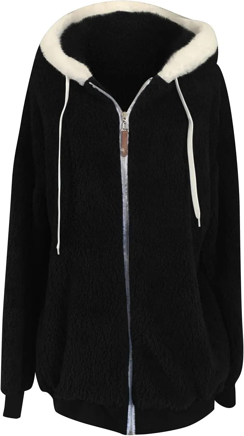 Women's Contrasting Lamb Wool Padded Coat Trendy Faux Shearling Coat Warm Hooded Zip Up Fuzzy Winter Jacket with Pockets