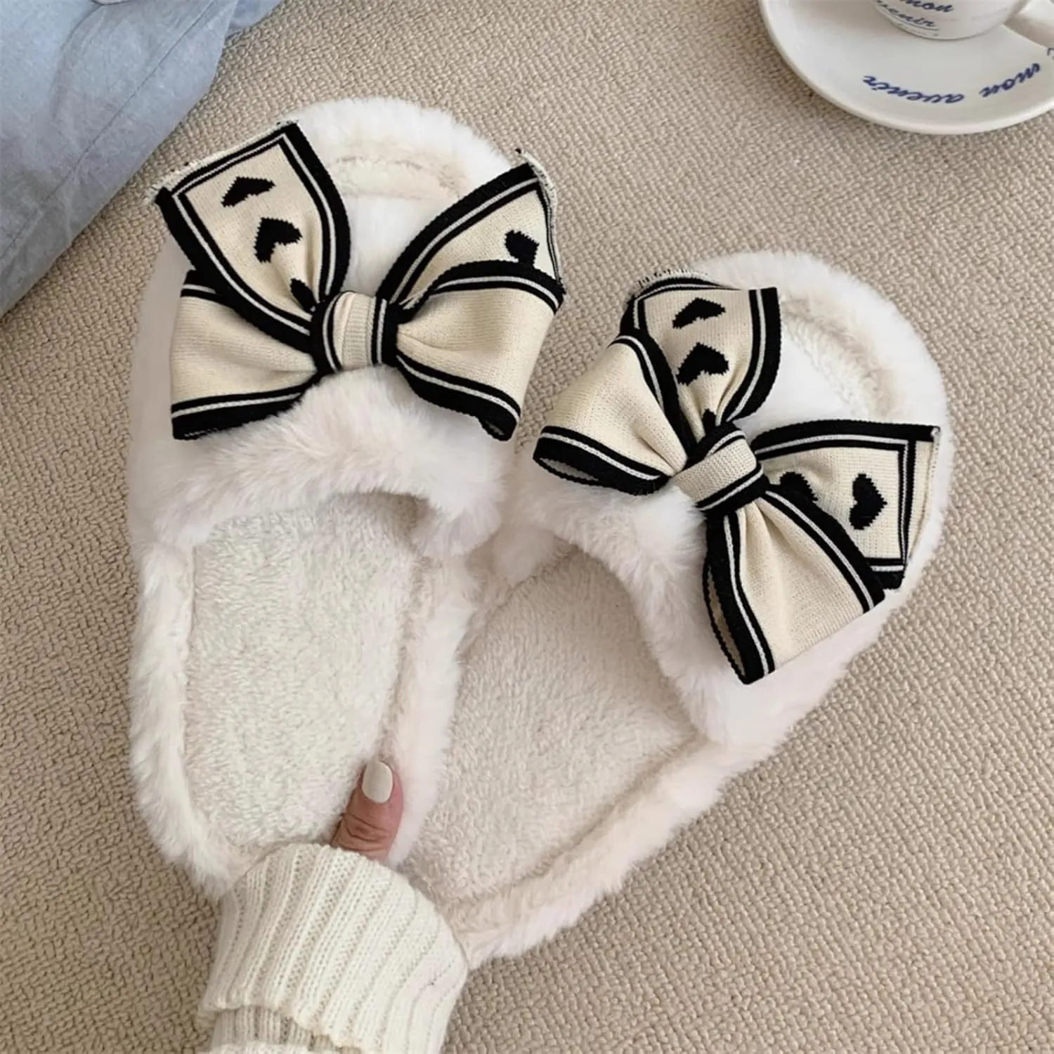 Women's Cute Bowknot Fuzzy Plush Slippers for Winter Indoor Slip-Ons