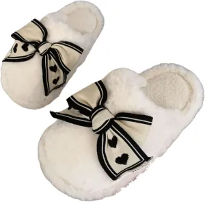 Women's Cute Bowknot Fuzzy Plush Slippers for Winter Indoor Slip-Ons