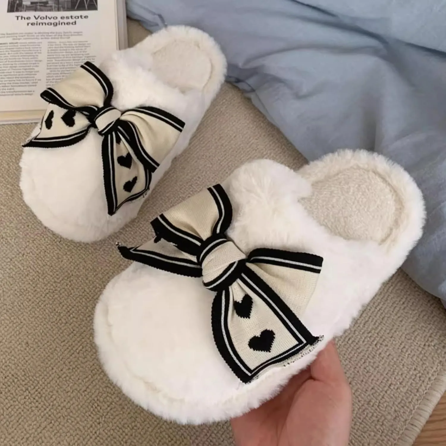 Women's Cute Bowknot Fuzzy Plush Slippers for Winter Indoor Slip-Ons