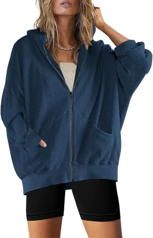 Womens Fashion Zip Up Hoodies Oversized Waffle Knit Jacket Shirts Long Sleeve Solid Shacket Blouse with Pockets