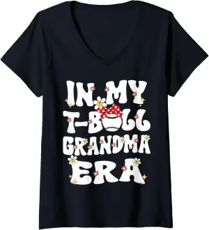 Womens In My Tball Grandma Era Retro Groovy Teeball Grandma Cute V-Neck T-Shirt
