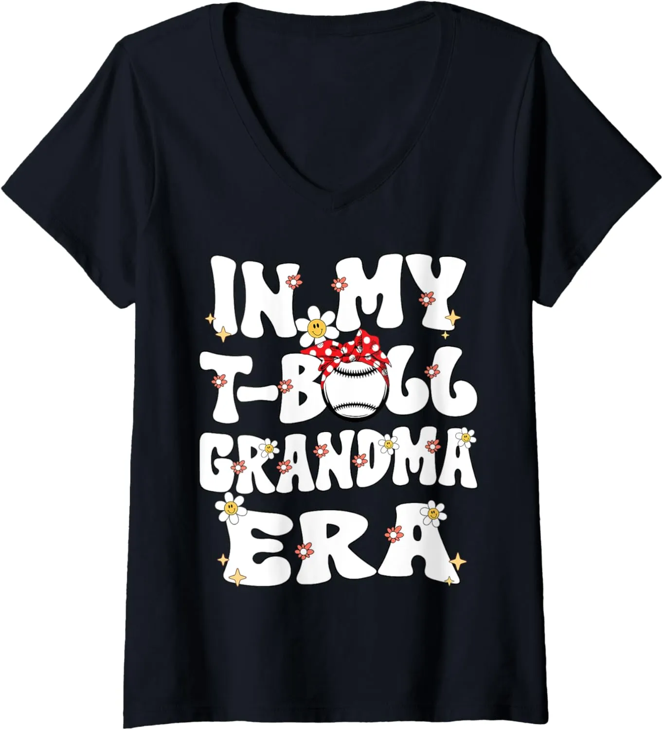 Womens In My Tball Grandma Era Retro Groovy Teeball Grandma Cute V-Neck T-Shirt