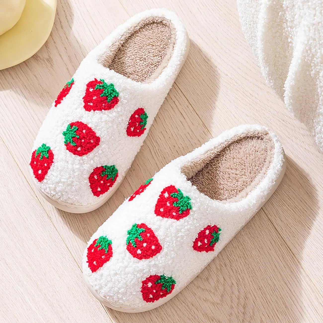 Women's Men's Strawberry Slippers Cute Fruit Home Slippers Winter Fuzzy Memory Foam Fluffy Warm House Shoes