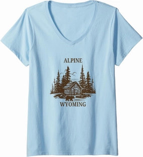 Womens Alpine Wyoming Cabin Bear V-Neck T-Shirt