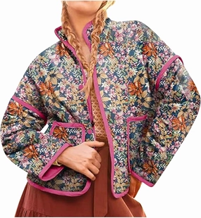 Womens Cropped Winter Jacket Lightweight Floral Print Winter Coats Long Sleeve Vintage Puffer Jacket
