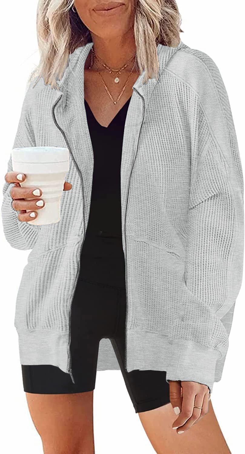 Womens Fashion Zip Up Hoodies Oversized Waffle Knit Jacket Shirts Long Sleeve Solid Shacket Blouse with Pockets