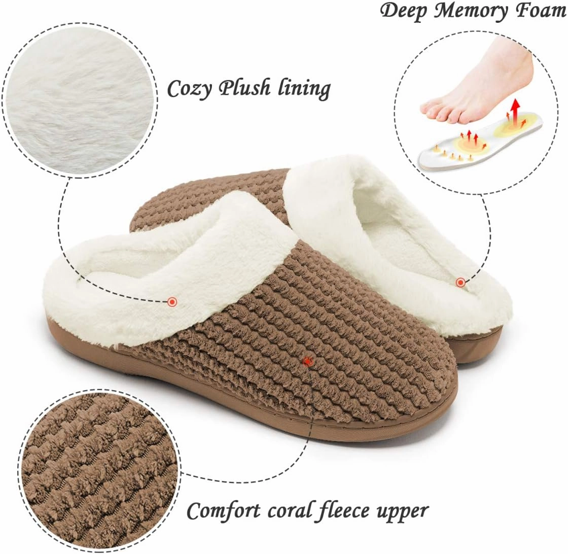 Womens Memory Foam Slippers Plush Fleece Lined Lady House Slippers Anti-Skid for Indoor Outdoor