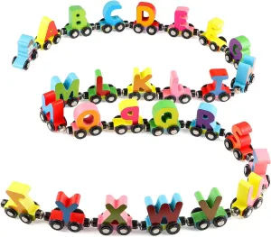 Wondertoys 27 PCS Wooden Alphabet Train Toy - Wooden Magnetic Alphabet ABC Train Set Includes 1 Engine, Letter Cars for Toddlers Boys and Girls, Compatible with Major Brands Tracks